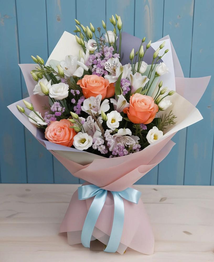 Букет цветов из: Лизиантусы, Розы, Альстромерии и Гипсофила в Пелагиаде